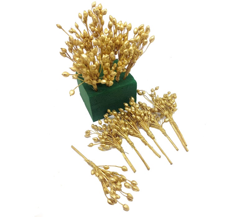 PRANSUNITA Metallic Golden Dry Stick – Natural Handmade Arrangement Bunch for Fancy Gift & Wedding Packaging Bridal Shower Bride's Bouquet Arrangement Decorations – 5 inch – Pack of 12 Sticks - Image 1