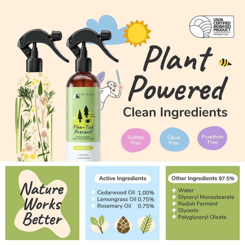 kin+kind Plant Based Flea and Tick Spray for Dogs and Cats â€“ Essential Oil Formula with Lemongrass â€“ Flea and Tick Prevention for Cats, Kittens, Puppies & Dogs - Pet Supplies - Family Safe â€“ 12 fl oz - Image 4