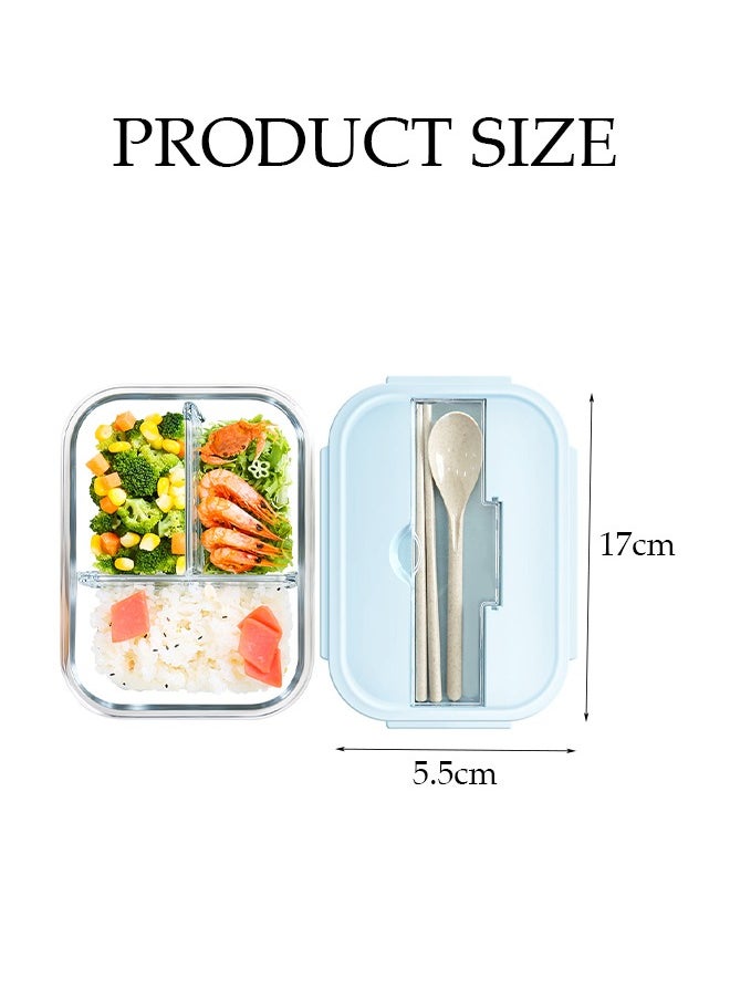 DUNISO Glass Bento Box Lunch Box 3 Compartment Glass Lunch Box Glass Food Storage Box (Rock Blue)  - Image 2
