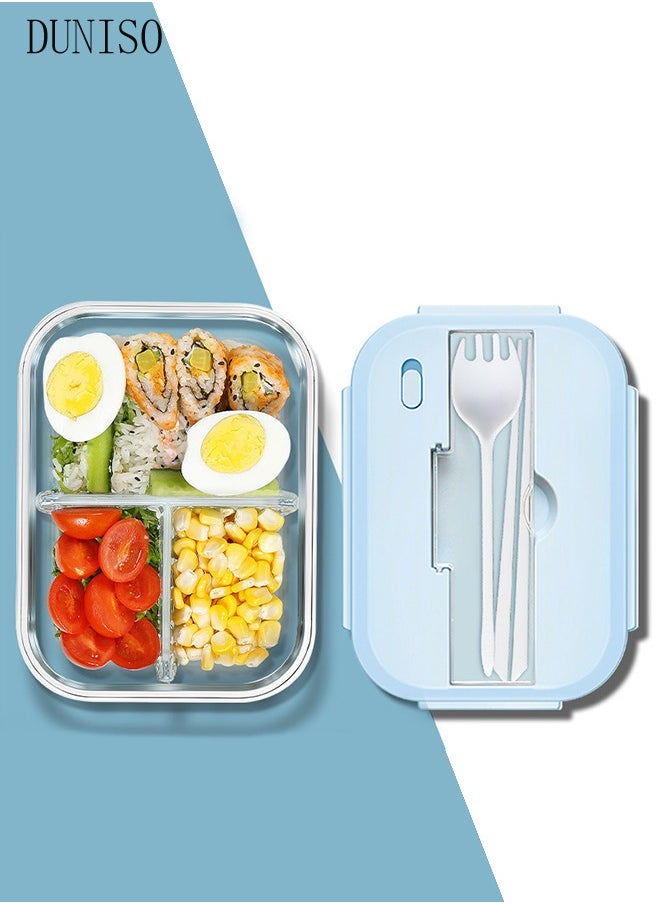 DUNISO Glass Bento Box Lunch Box 3 Compartment Glass Lunch Box Glass Food Storage Box (Rock Blue)  - Image 1