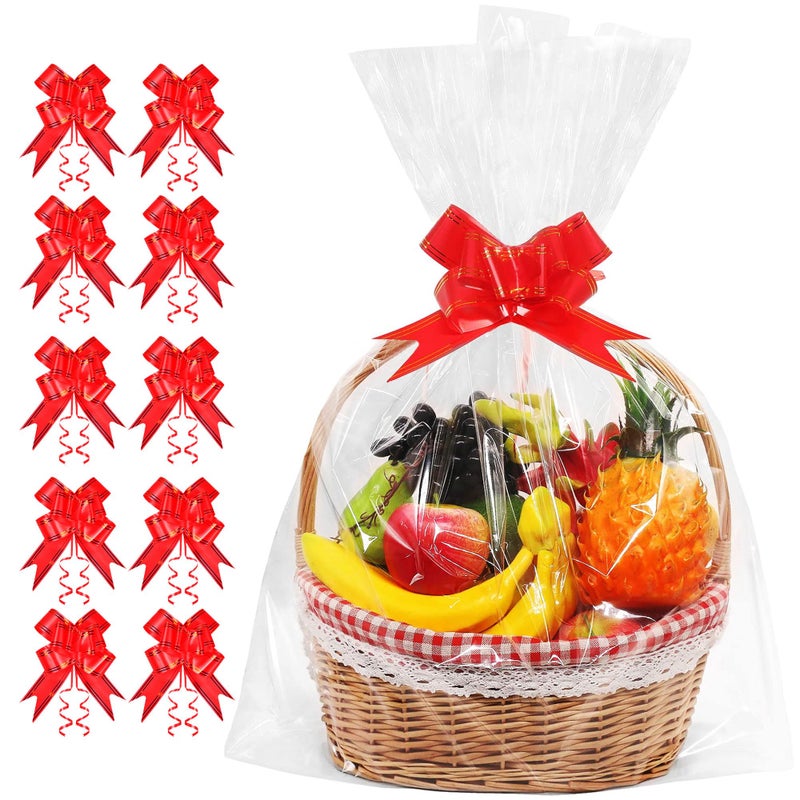 JOYIT 10 Pack Clear Cellophane Gift Basket Bags with Red Bows, 24x30 Inch Large Wrapping Bags for Fruit Baskets, Gift Hampers, DIY Craft Projects, Holiday Presents - Image 1