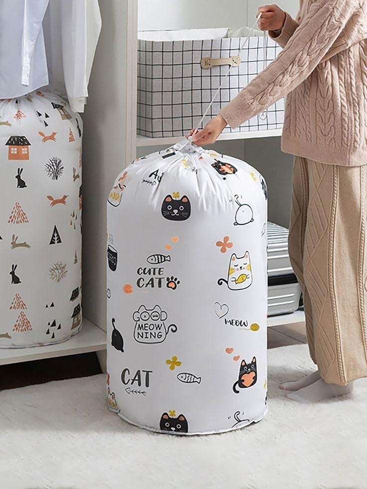 KRUSH Laundry Bag Waterproof Round Non Wovan polylethyne,Hamper,Metalic Printed With Thread To Close The Top,Foldable Bin & 45 Liter Capicity,Size 37 x 37 x 49 (MULTIPRINT PACK OF 1 PCS) 
