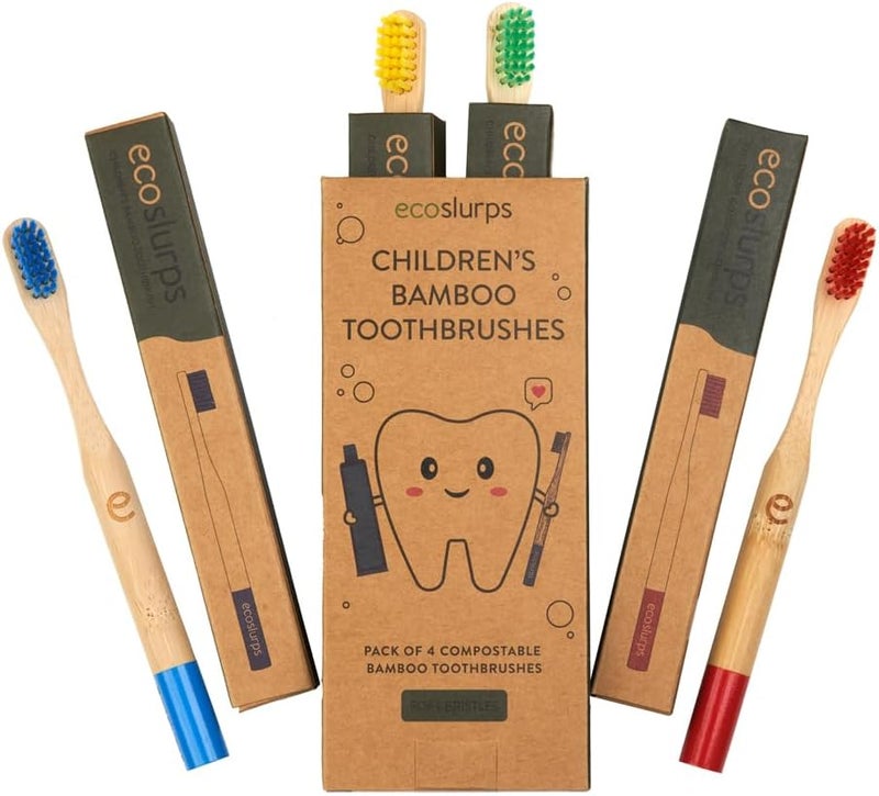 EcoSlurps Bamboo Toothbrushes - Bamboo Toothbrush Multipack Biodegradable Toothbrushes (4 Kids, Multi-Colour) - Image 1