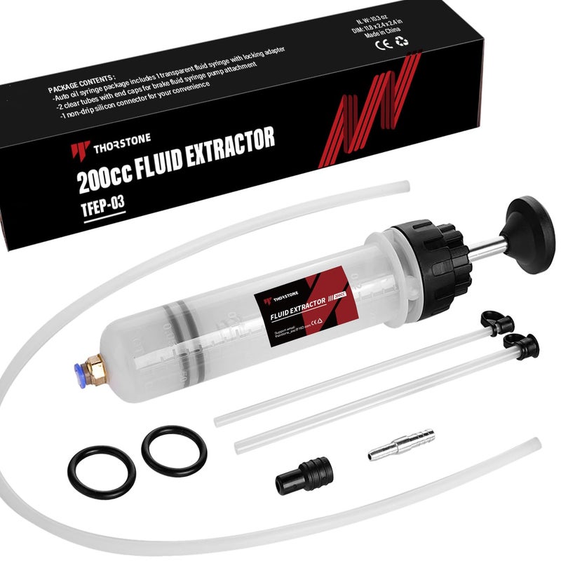 Thorstone 200cc Automotive Fluid Extractor Pump Manual Oil Change Syringe with 50cm Rubber Hose 2pcs 22cm PVC Suction Tubes