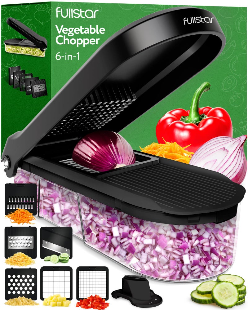 Fullstar Vegetable Chopper, Cheese Slicer, Food Chopper, Veggie Chopper, Onion Chopper, Vegetable Chopper with Container, Mandoline Slicer & Cheese Grater (6 in 1 - Black) - Image 1