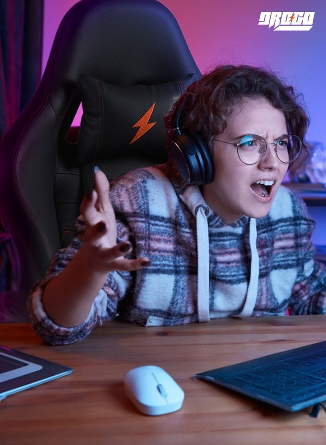 دراجو كرسي ألعاب Drogo مريح مع مقعد قابل للتعديل في 7 اتجاهات مصنوع من جلد البولي يوريثان ورأس مكتب ووسادة قطنية ووسادة ألعاب فيديو وكرسي مكتب منزلي مع مسند قدم كامل قابل للإمالة باللون الأسود - Image 2