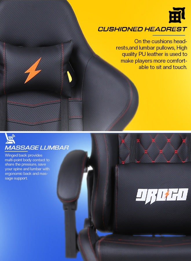 دراجو كرسي ألعاب Drogo مريح مع مقعد قابل للتعديل في 7 اتجاهات مصنوع من جلد البولي يوريثان ورأس مكتب ووسادة قطنية ووسادة ألعاب فيديو وكرسي مكتب منزلي مع مسند قدم كامل قابل للإمالة باللون الأسود - Image 4