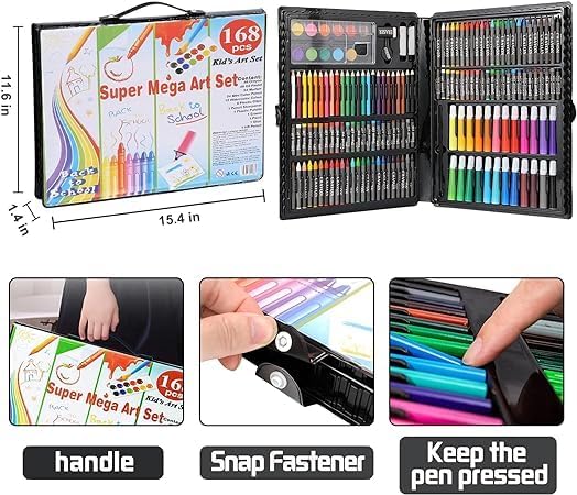 Parssufy 168 Pieces Art Set for Kids with Case, Art and Craft Supplies Kit for Drawing and Painting, Color Set with Markers, Water Colors, Brush, Color Pencils, Crayons (168 pcs Black) - Image 2