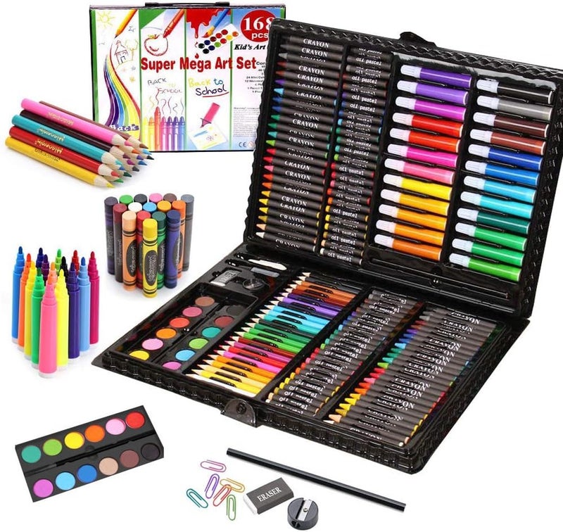 Parssufy 168 Pieces Art Set for Kids with Case, Art and Craft Supplies Kit for Drawing and Painting, Color Set with Markers, Water Colors, Brush, Color Pencils, Crayons (168 pcs Black) - Image 1