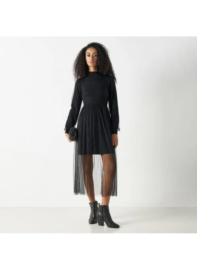 2Xtremz 2Xtremz Mesh Textured Midi Dress with Long Sleeves and High Neck