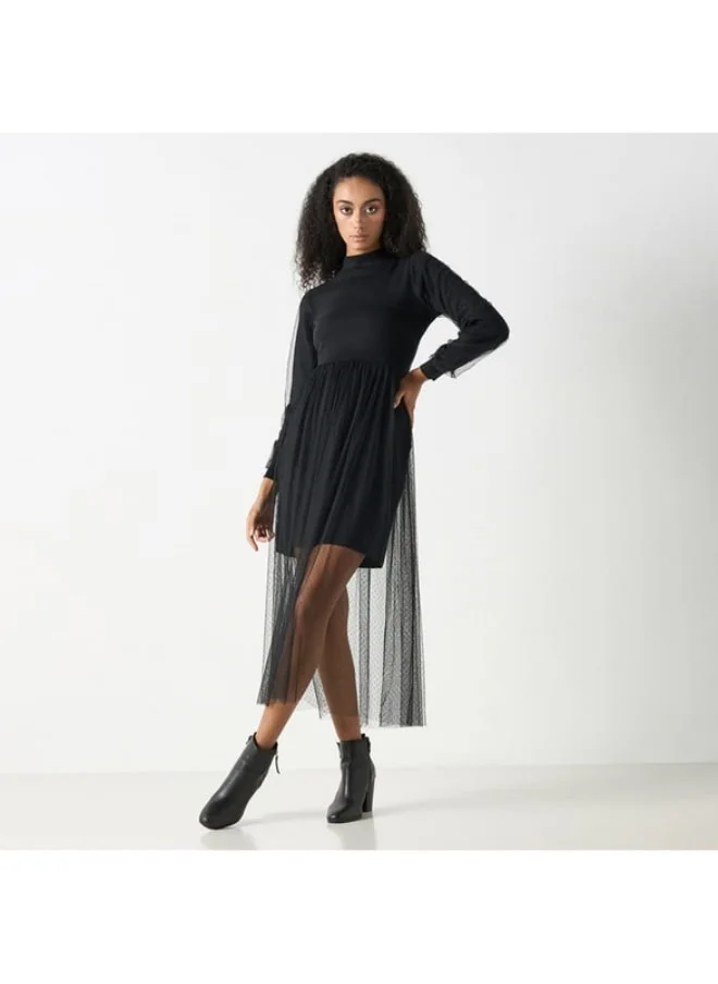 2Xtremz 2Xtremz Mesh Textured Midi Dress with Long Sleeves and High Neck