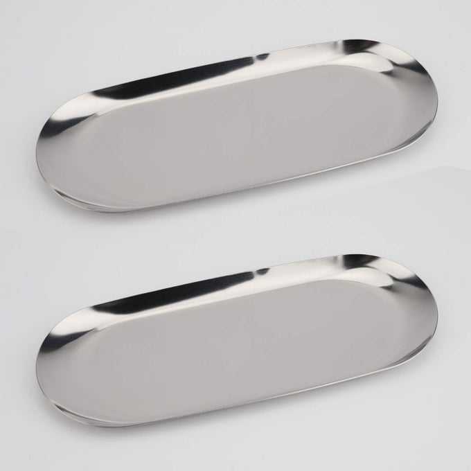 STAINLESS STEEL DECORATIVE TRAY SET OF 2 7 INCH LONG JEWELRY DISH COSMETICS ORGANIZER BATHROOM CLUTTER SERVING PLATTER SMALL STORAGE TRAY OVAL SILVER