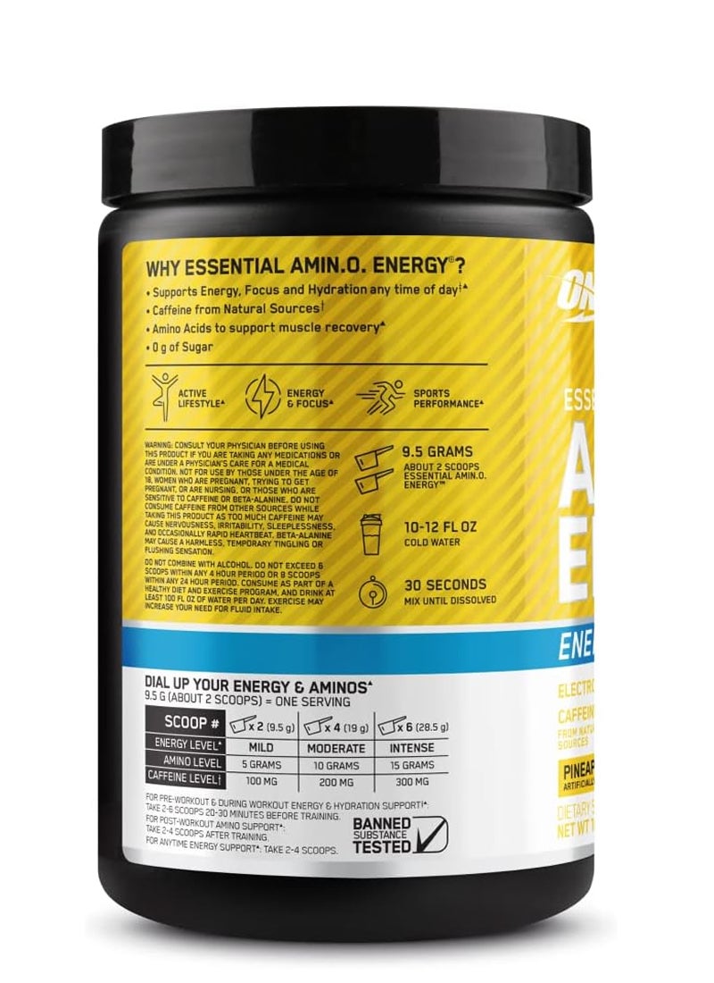 أوبتيموم نيوتريشن مسحوق أمينو إنرجي بلس إلكتروليتات - قبل التمرين، الأحماض الأمينية، صديق للكيتو، مسحوق طاقة في أي وقت - أناناس تويست، 285 جم، 30 وجبة - Image 2