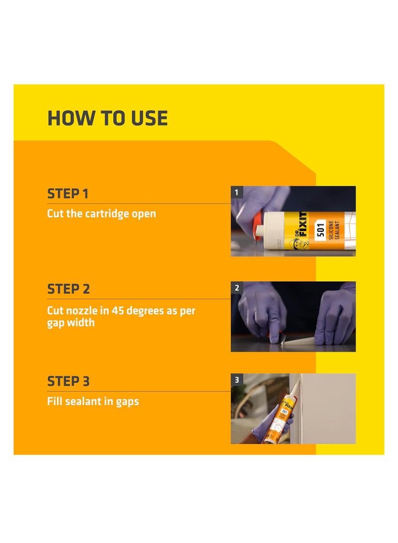 Dr. Fixit سيليكون سيلاينت أبيض 501-280جم | مثالي لختم الزجاج والنوافذ والتركيبات الصحية والحمامات والعزل الكهربائي - Image 3