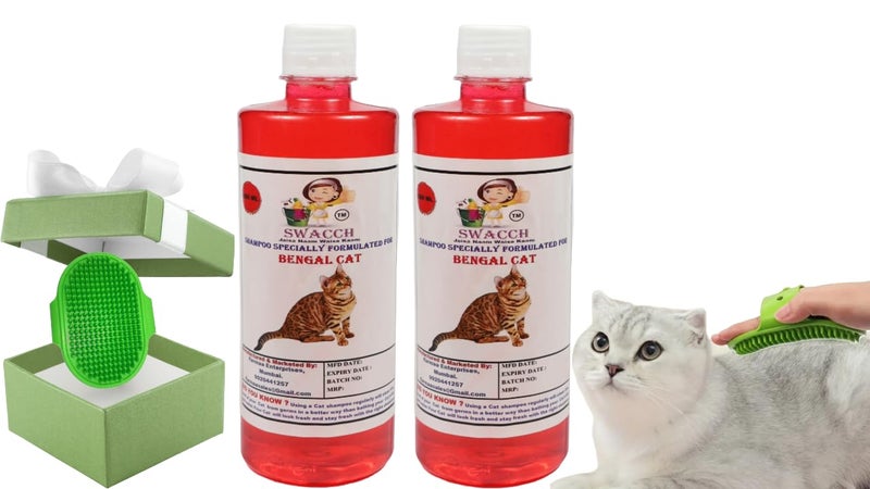 Swacch Bengal Cat Shampoo -500ml (Pack of 2) (Strawberry) + Bath Brush with Adjustable Straps Combo Pack - Image 1