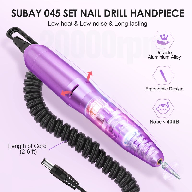 Subay Professional Finger Toe Nail Care Electric Nail Drill Machine Manicure Pedicure Kit Electric Nail Art File Drill with 1 Pack of Sanding Bands (Purple) - Image 3