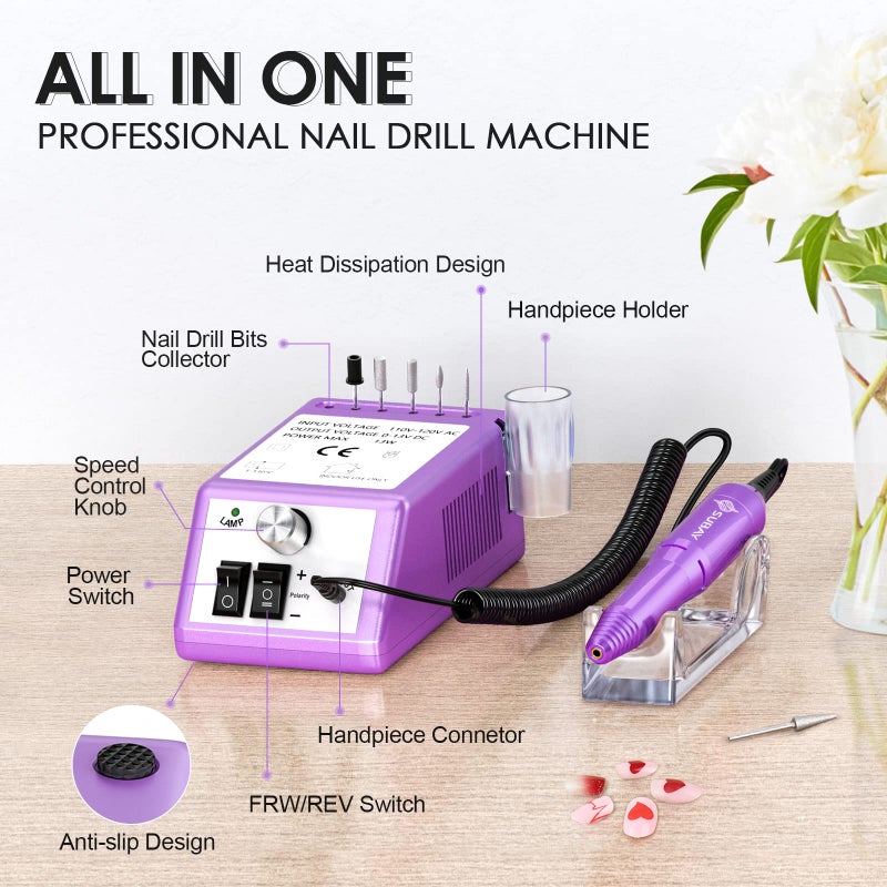 Subay Professional Finger Toe Nail Care Electric Nail Drill Machine Manicure Pedicure Kit Electric Nail Art File Drill with 1 Pack of Sanding Bands (Purple) - Image 2