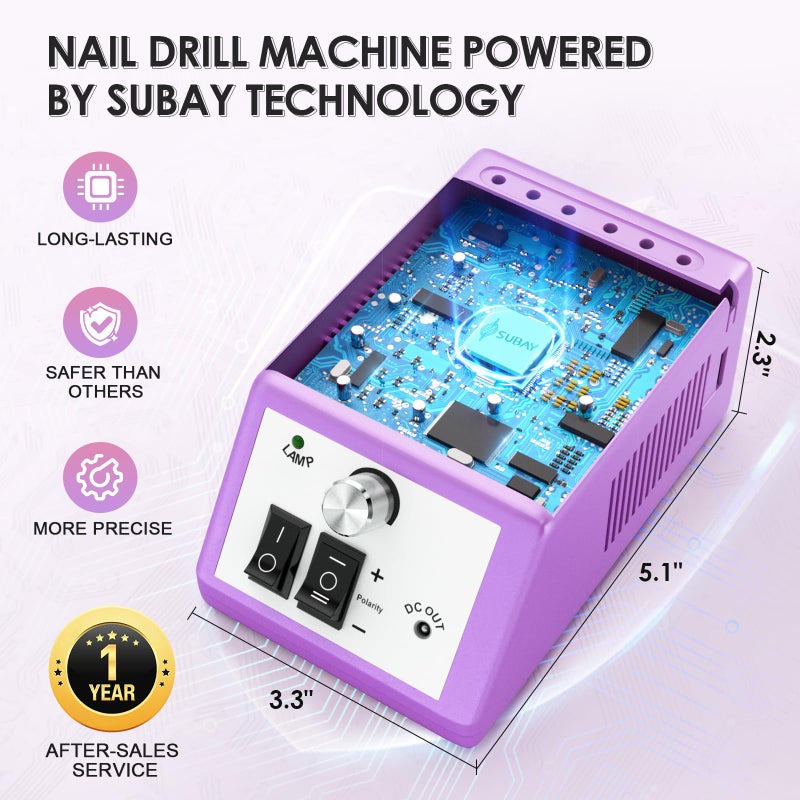 Subay Professional Finger Toe Nail Care Electric Nail Drill Machine Manicure Pedicure Kit Electric Nail Art File Drill with 1 Pack of Sanding Bands (Purple) - Image 4