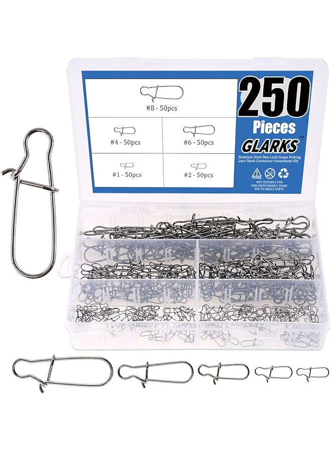 250Pcs #1#2#4#6#8 Strong Stainless Steel Duo Lock Snaps Nice Swivel Slid Rings Fishing Lure Hook Connector Freshwater Saltwater Fishing Gear Accessories Assortment Kit - Test: 40Lb-220Lb