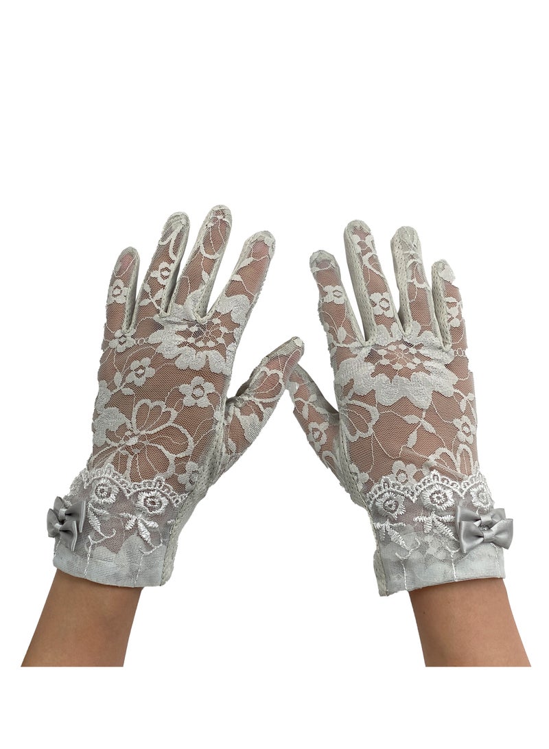 Women Lace Floral Gloves Non-slip Elegant Short Bow Lace Gloves for Wedding Parties Driving Cycling(gray) - Image 1