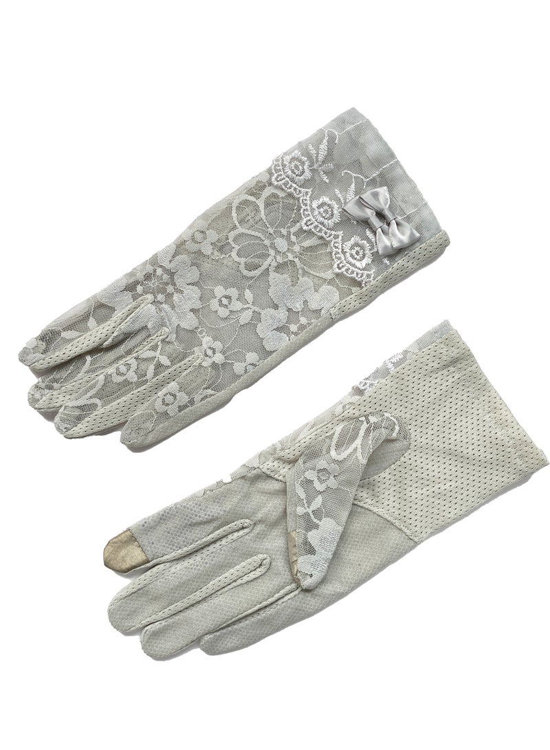 Women Lace Floral Gloves Non-slip Elegant Short Bow Lace Gloves for Wedding Parties Driving Cycling(gray) - Image 2