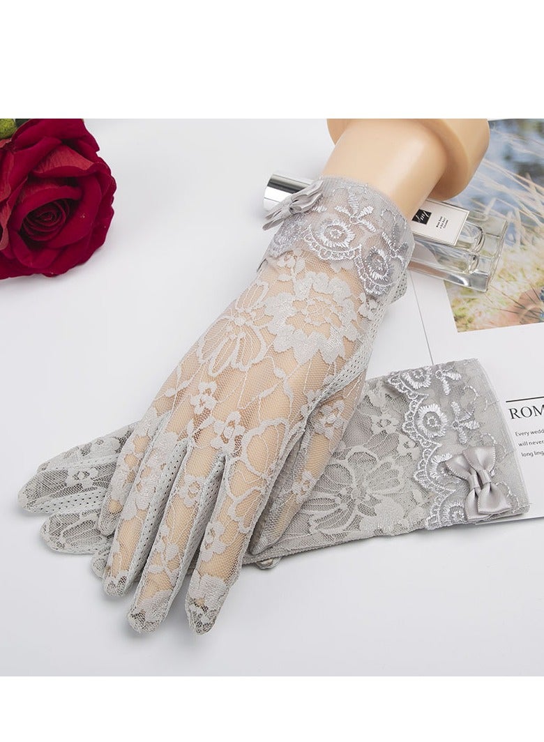 Women Lace Floral Gloves Non-slip Elegant Short Bow Lace Gloves for Wedding Parties Driving Cycling(gray) - Image 3