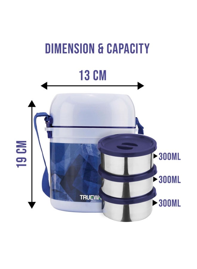 Trueware Office 3 Lunch Box with 3 Stainless Steel Container,300ml X 3 Dark Blue | PU Insulated | Tiffin | Hot Lunch Box | Leak Proof | Easy to Carry - Image 2