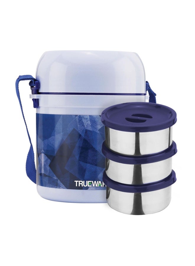 Trueware Office 3 Lunch Box with 3 Stainless Steel Container,300ml X 3 Dark Blue | PU Insulated | Tiffin | Hot Lunch Box | Leak Proof | Easy to Carry - Image 1
