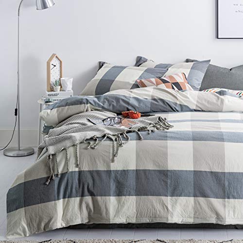 SUSYBAO Checkered Duvet Cover King 100% Washed Cotton Blue Plaid Duvet Cover 3 Pcs Set 1 Beige Grid Duvet Cover with Zipper Ties 2 Pillowcases Soft Farmhouse Buffalo Checkered Bedding Set - Image 2