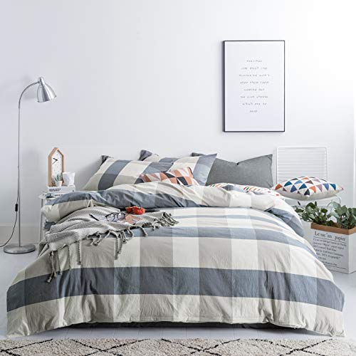 SUSYBAO Checkered Duvet Cover King 100% Washed Cotton Blue Plaid Duvet Cover 3 Pcs Set 1 Beige Grid Duvet Cover with Zipper Ties 2 Pillowcases Soft Farmhouse Buffalo Checkered Bedding Set - Image 1