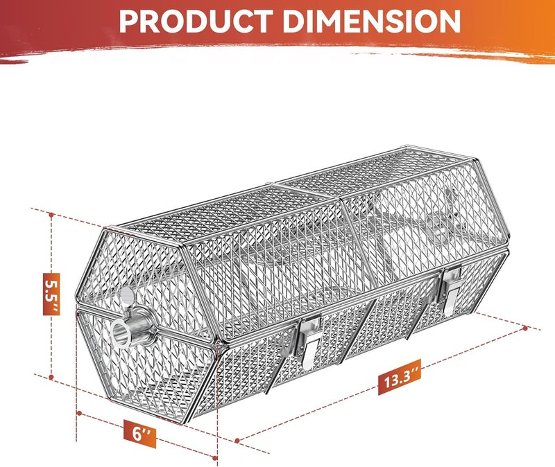 Skyflame Round Tumble Rotating Rotisserie Basket, Stainless Steel BBQ Rolling Basket for Grilling,Fits for 5/16 Inch Square, 3/8 Inch Square, 3/8 Inch Hexagon, 1/2 Inch Hexagon Spit Rods - Image 2