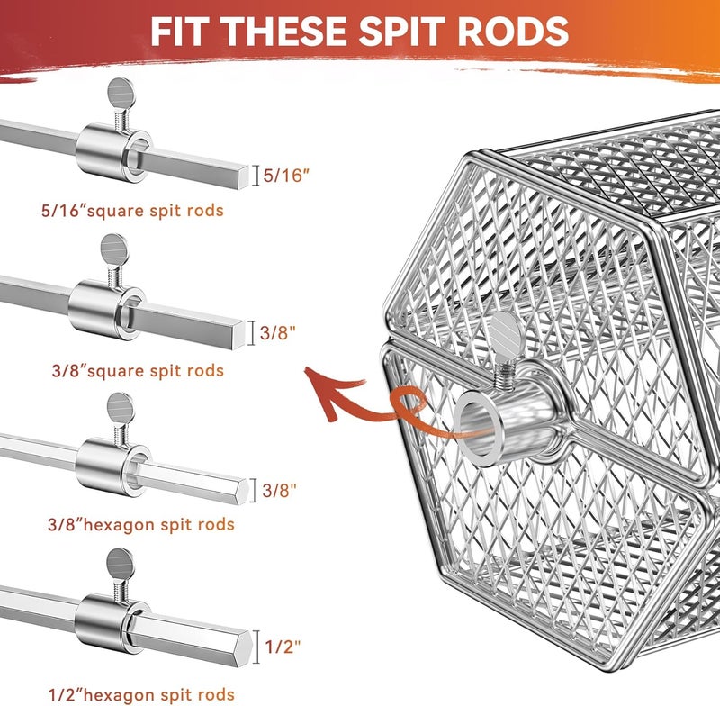 Skyflame Round Tumble Rotating Rotisserie Basket, Stainless Steel BBQ Rolling Basket for Grilling,Fits for 5/16 Inch Square, 3/8 Inch Square, 3/8 Inch Hexagon, 1/2 Inch Hexagon Spit Rods - Image 3
