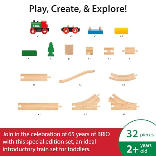 BRIO Classic 65th Anniversary Wooden Train Set - 32-Piece FSC-Certified Wood Train Set - Includes Wooden Trains, Wagons, Bridge & Tracks - Compatible Classic - Kids Ages 2 & Up - Image 2