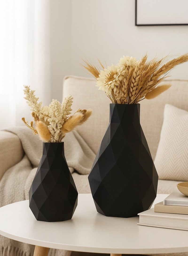 أخوة ثلاثي الأبعاد عدد 2 مزهرية بلاستيكية سوداء هندسية متعددة الأوجه مناسب لمجموعة متنوعة من الإعدادات، بدءًا من التصميمات الداخلية المعاصرة وحتى التصميمات الداخلية البسيطة. - Image 1