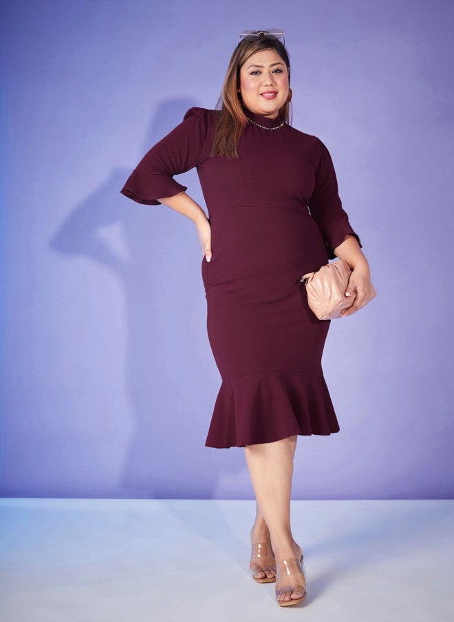 ساسافراس فستان نسائي ضيق بأكمام الجرس بلون خمري - Image 5