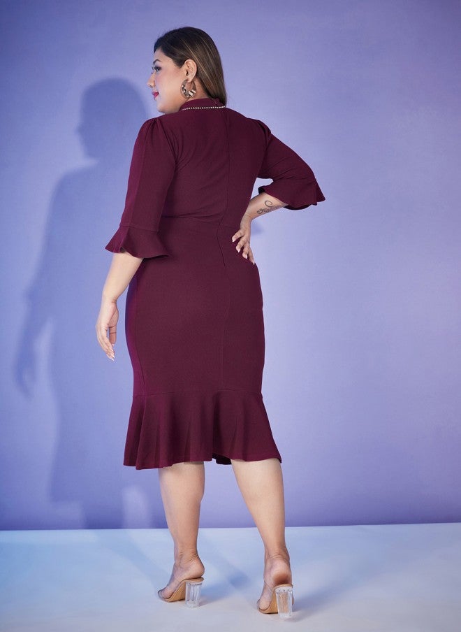 ساسافراس فستان نسائي ضيق بأكمام الجرس بلون خمري - Image 4