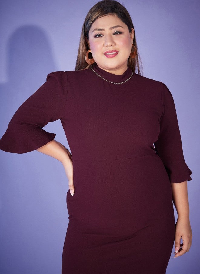 ساسافراس فستان نسائي ضيق بأكمام الجرس بلون خمري - Image 2