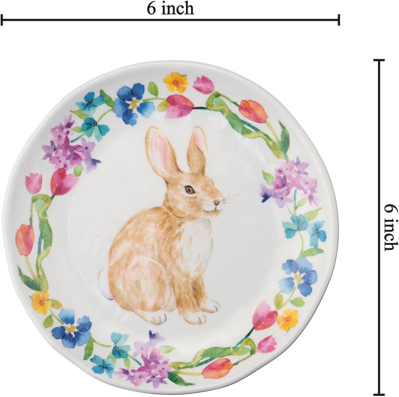 UP UPware Floral Bunny Melamine Round Dessert Plates Small Serving Plates Easter Decorations for Appetizer Snacks and Side Dishes Multicolor 6 Inch Set of 4 - Image 3