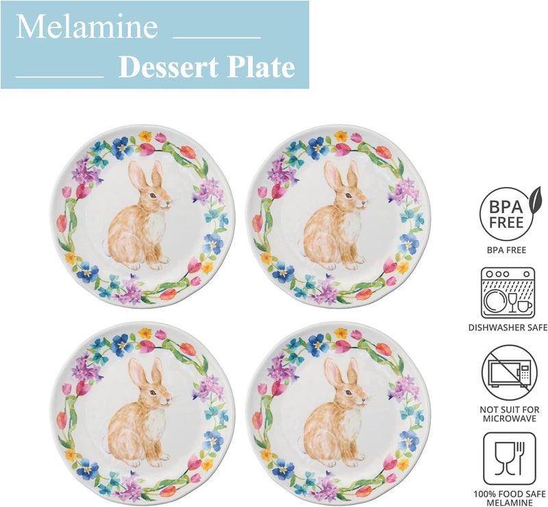 UP UPware Floral Bunny Melamine Round Dessert Plates Small Serving Plates Easter Decorations for Appetizer Snacks and Side Dishes Multicolor 6 Inch Set of 4 - Image 2