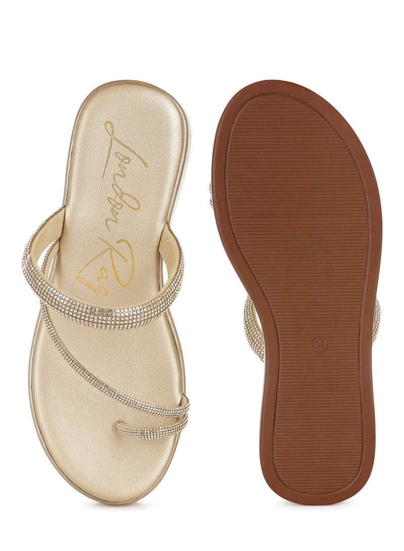 London Rag Toe Loop Slip On Rhinestone Sandals in Gold  - Image 4