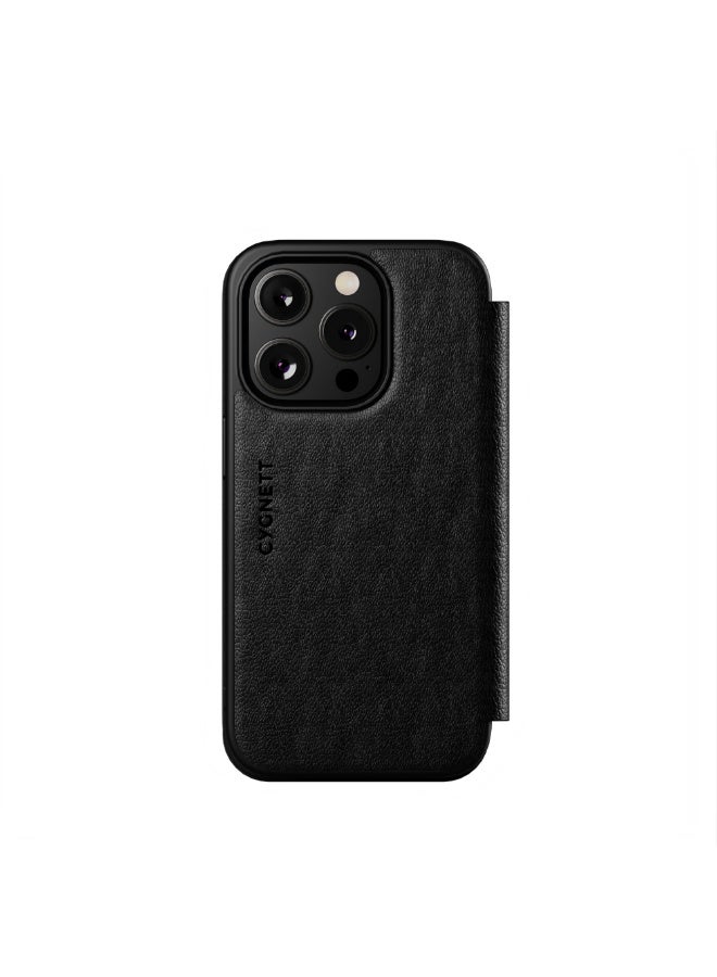 سيغنيت حافظة محفظة جلدية من Cygnett لهاتف iPhone 16 Pro، غطاء فوليو فاخر من الجلد الطبيعي الأصلي مع فتحات للبطاقات وإغلاق مغناطيسي، باللون الأسود - Image 3