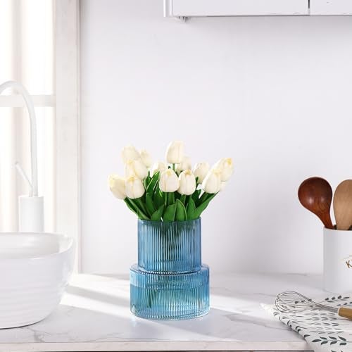 YANWE1 Blue Glass Vase, Ribbed Glass Vase for Tulips, Flower Vases for Bouquet, Blue Modern Vases for Living Room, Dining Table, Entryway, Mantle, Shelf, Wedding, Office, 7.5 Inches - Image 5