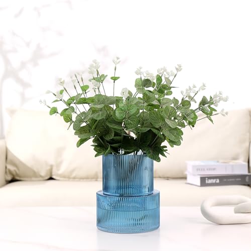 YANWE1 Blue Glass Vase, Ribbed Glass Vase for Tulips, Flower Vases for Bouquet, Blue Modern Vases for Living Room, Dining Table, Entryway, Mantle, Shelf, Wedding, Office, 7.5 Inches - Image 3