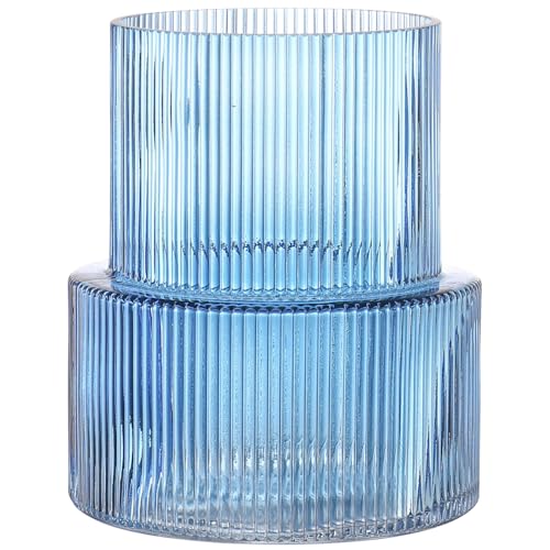 YANWE1 Blue Glass Vase, Ribbed Glass Vase for Tulips, Flower Vases for Bouquet, Blue Modern Vases for Living Room, Dining Table, Entryway, Mantle, Shelf, Wedding, Office, 7.5 Inches - Image 1