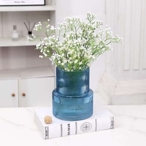 YANWE1 Blue Glass Vase, Ribbed Glass Vase for Tulips, Flower Vases for Bouquet, Blue Modern Vases for Living Room, Dining Table, Entryway, Mantle, Shelf, Wedding, Office, 7.5 Inches - Image 2