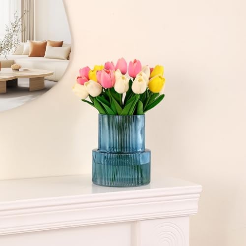 YANWE1 Blue Glass Vase, Ribbed Glass Vase for Tulips, Flower Vases for Bouquet, Blue Modern Vases for Living Room, Dining Table, Entryway, Mantle, Shelf, Wedding, Office, 7.5 Inches - Image 4