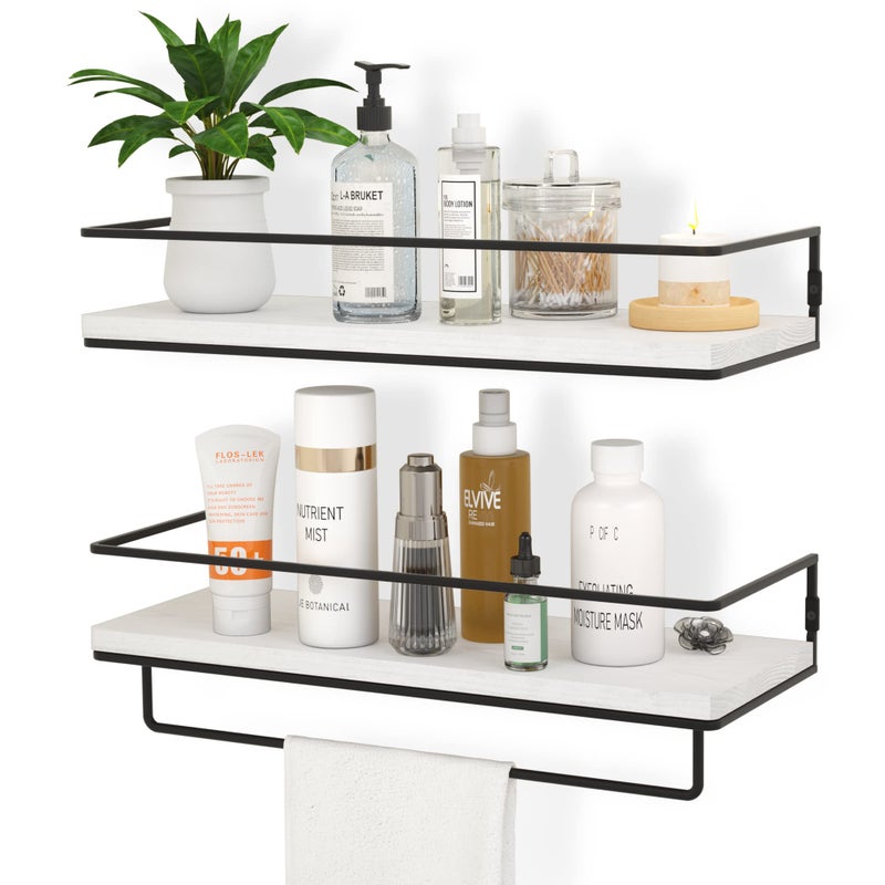 ZGO ZGO Floating Shelves for Wall Set of 2 Wall Mounted Storage Shelves with Black Metal Frame and Towel Rack for Bathroom Bedroom Living Room Kitchen Office White 