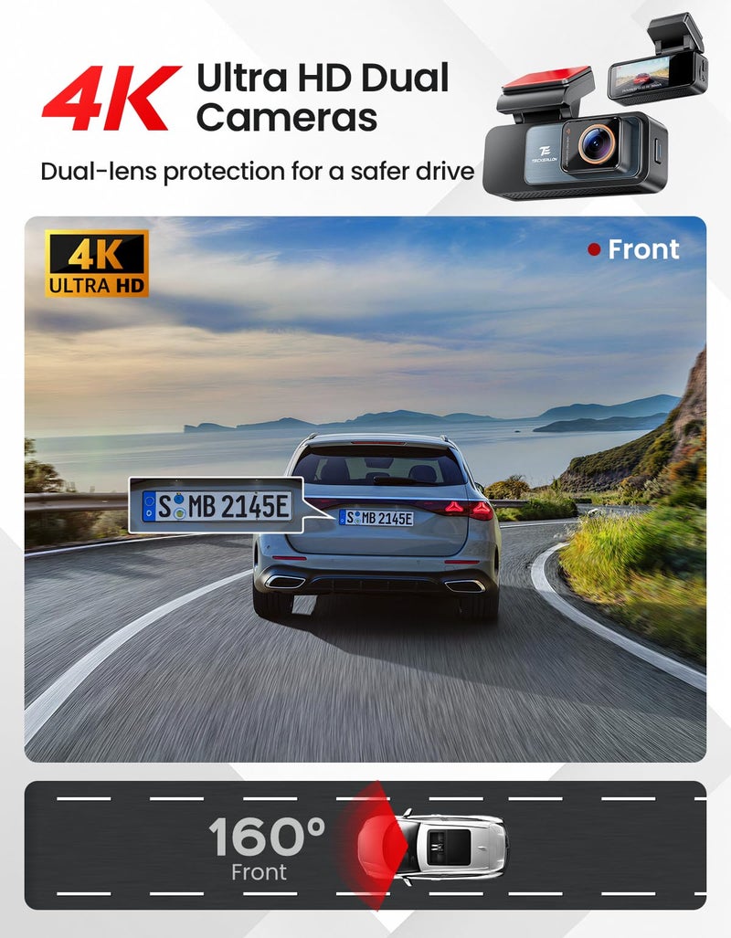 TECXERLLON TECXLERON Dash Cam, 4K Full HD Dash Camera for Cars, Built-in GPS and Wi-Fi, 64GB SD Card Included, 160° Wide Angle Lens, Night Vision, G-Sensor, Loop Recording, 24H Parking Monitor - Image 2