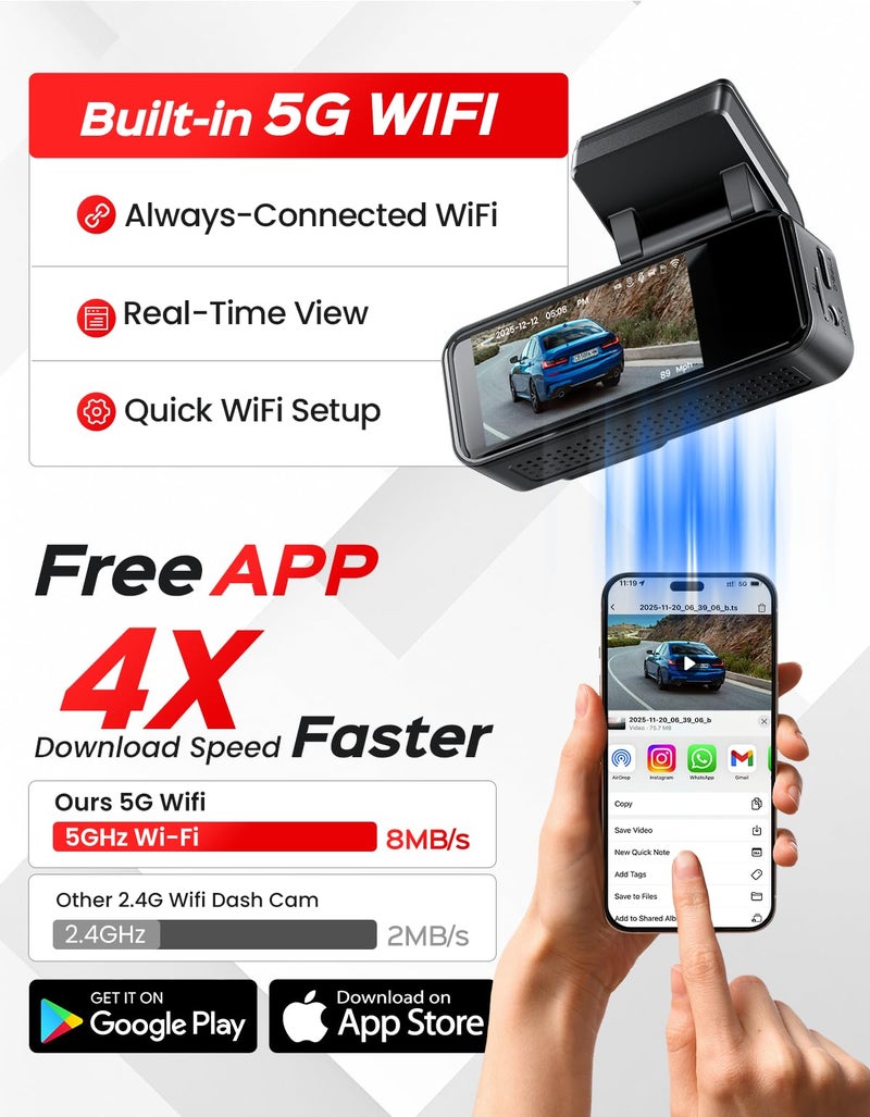 TECXERLLON TECXLERON Dash Cam, 4K Full HD Dash Camera for Cars, Built-in GPS and Wi-Fi, 64GB SD Card Included, 160° Wide Angle Lens, Night Vision, G-Sensor, Loop Recording, 24H Parking Monitor - Image 4