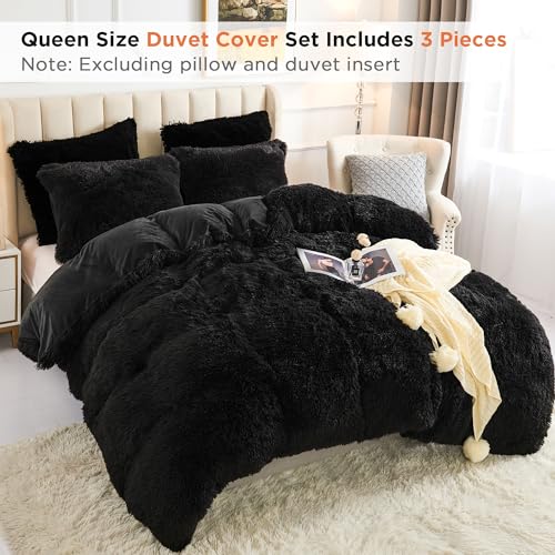 annadaif Plush Black Duvet Cover Queen, Fluffy Soft Faux Fur Velvet Comforter Cover, Luxury Fuzzy Shaggy Bedding Sets 3 Pieces(1 Duvet Cover,2 Pillowcases), Zipper Closure - Image 2